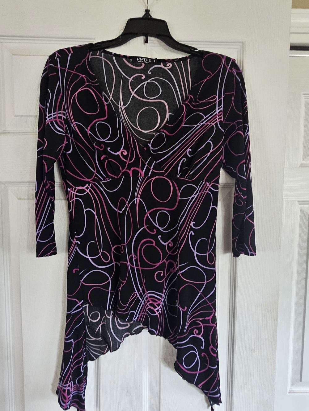Hiatus Black V-Neck Asymmetric Tunic with Pink & Lavender Swirl